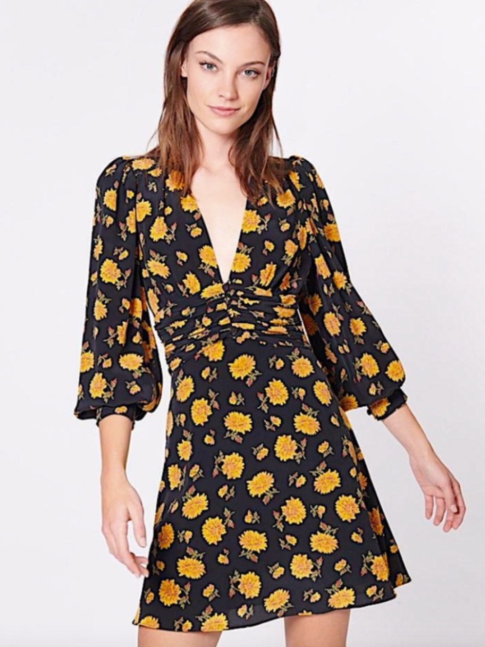 NWT Veronica Beard Marion Silk Mini Dress Yellow Marigolds in Black Multi Sz 14